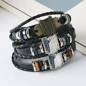 Animated Attack Titan Badge Freedom Wing Bracelet, Leather Bracelet Retro Multi Layer Bracelet