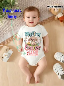 Baby My First Mother's Day Custom Name Onesie, Cute Bunny Mom's Little Love Graphic Bodysuit, Infant Short Sleeve Cotton Romper, Personalized First Mother's Day Gift for Newborns