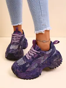 New Arrival Rhinestone Jean Dad Shoes for Women, Thick Sole Platform Heel Boosting Sports Shoes, Unique Design Casual Shoes