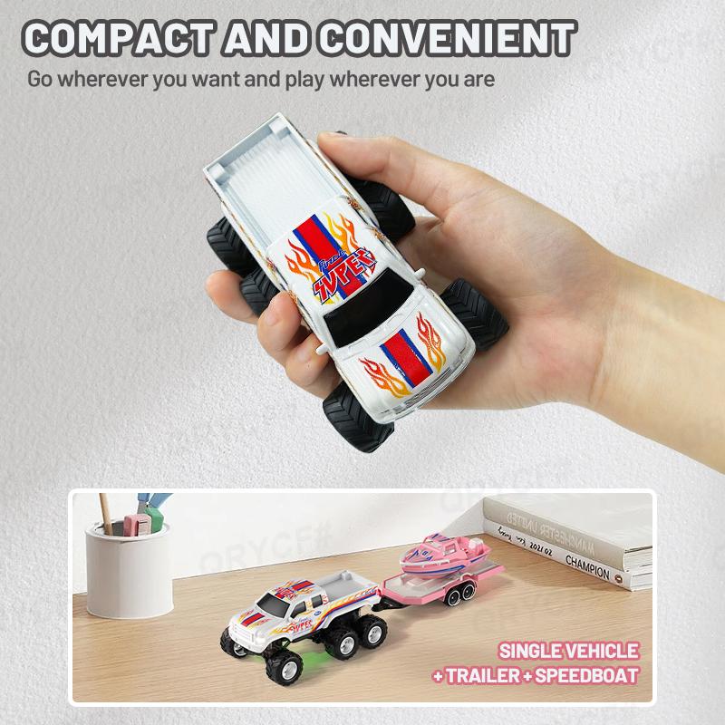 Mini Remote Control Truck with Trailer Toy Boat, 1:64 Scale Truck Remote Control Car with Lights, Speed/Steering Adjustable, Desktop Play, Easter Toy, Birthday Christmas Gifts for Kids Boys