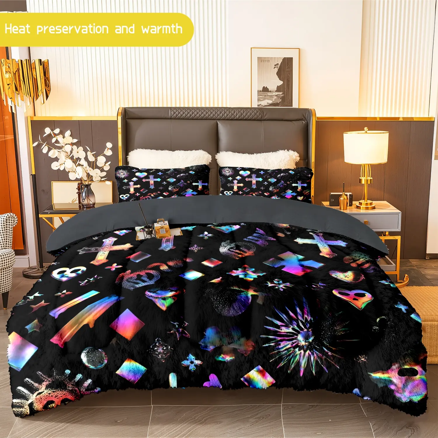 3pcs (1 comforter + 2 pillowcases) Iridescent Cross Flannel & Milk Velvet Comforter Set, Soft Warm Bedding Set for Adults, Cozy Plush Quilt Set, Trendy Bedding Essentials