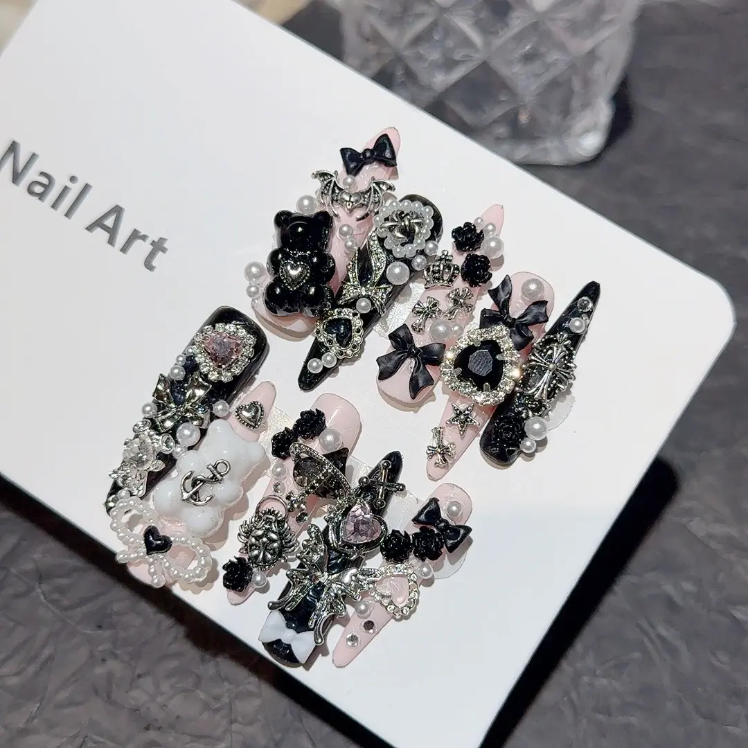 Handmade Gothic Y2K Press On Nails - Long Coffin Shape with 3D Bear, Bow & Pearl Charms - Black & Pink Sweet Cool Style Reusable False Nails Kit