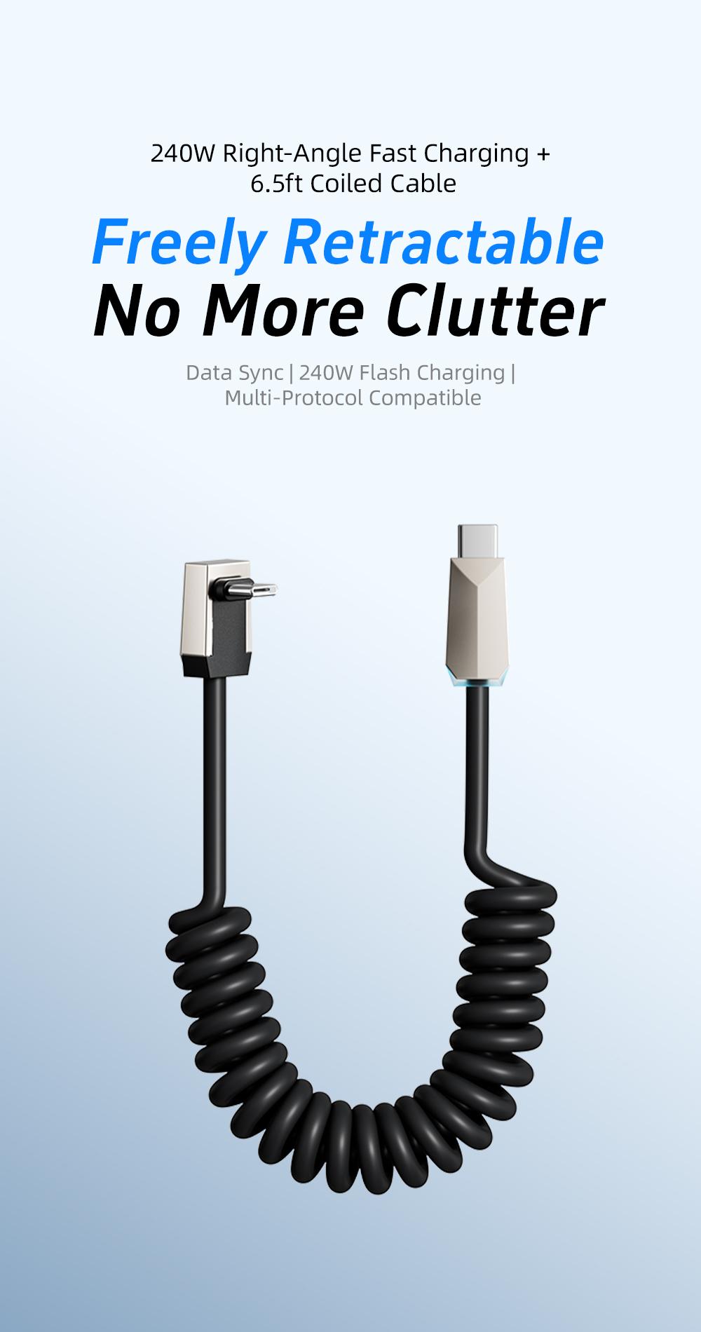 OOI 240W Coiled USB C to USB C Cable, 6.6FT Telescopic Cyber Head Right Angle C to C Cable Fast Charging, High-Speed Data Transfer for car, Ultimate Storage Fits iPhone 17 16 15 Series/ Samsung Galaxy Series/Pixel Series/Laptops/Pad