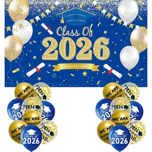 Blue and Gold Congrats Class of 2026 Banner, Congratulations Graduates Banner Backdrop, Graduation Party Decorations for Friends, Families, Graduates, Congrats Grad Celebrations Photo Background