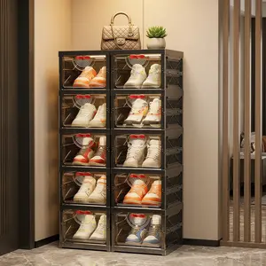 Foldble Shoe Storage Organizer for Closet, Stackable Sneaker Cabinet with Magnetic Door, Large Plastic Container Bins for Living Room, Entryway, Adjustable Shoe Rack
