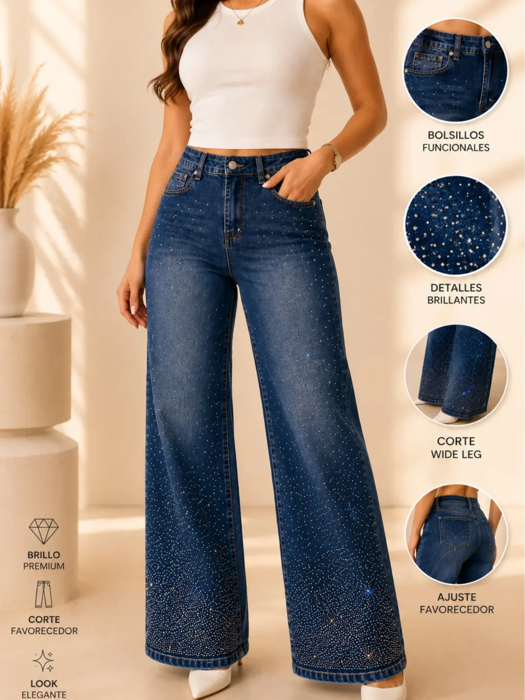Womens Rhineston Wide Leg Denim Jeans