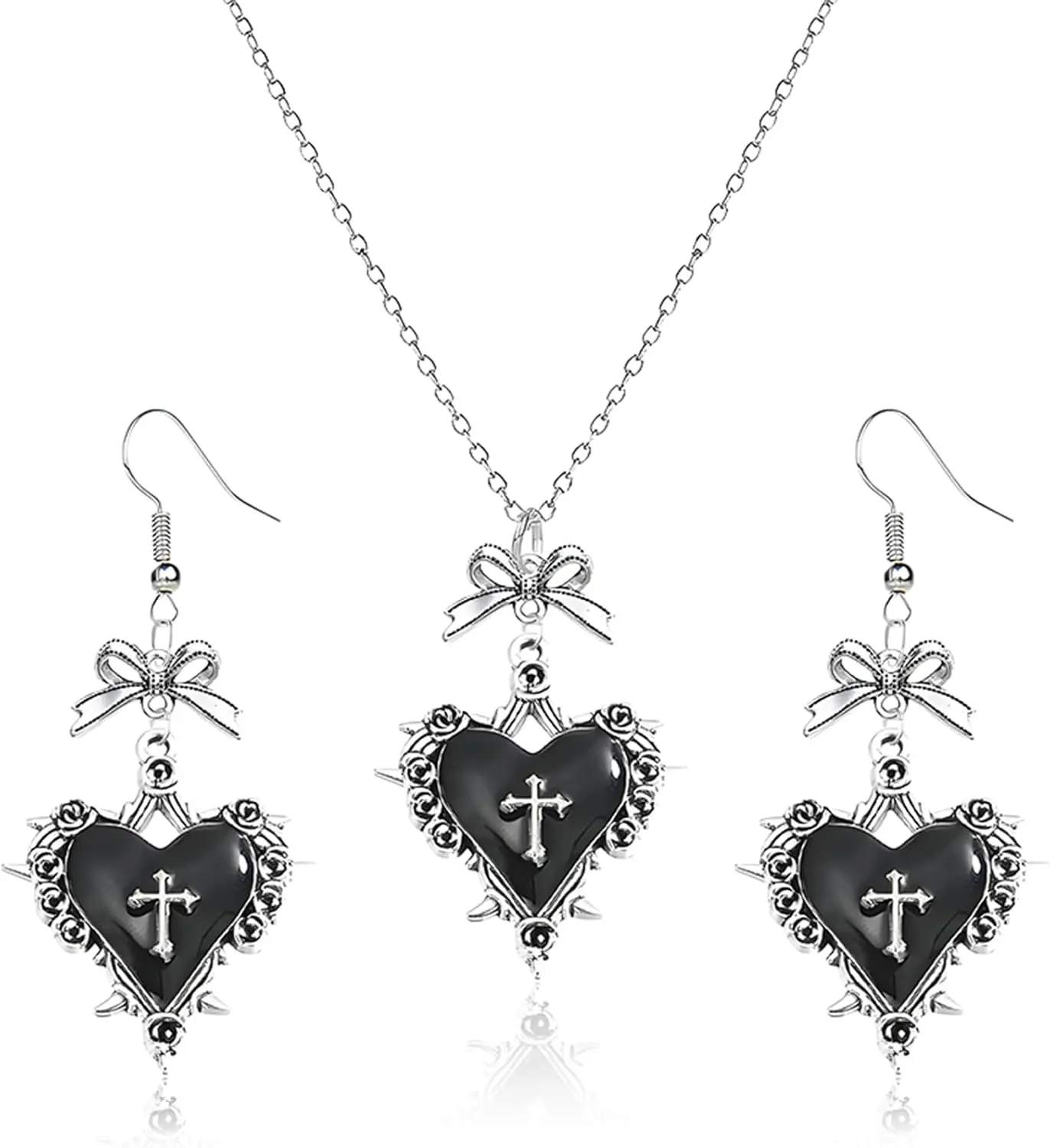 Gothic Heart Cross  Set for Women  Victorian Rose Thorns Design Halloween Bow Earrings Dark Punk Rock Style Vampire  Necklaces Mystic   Accessories