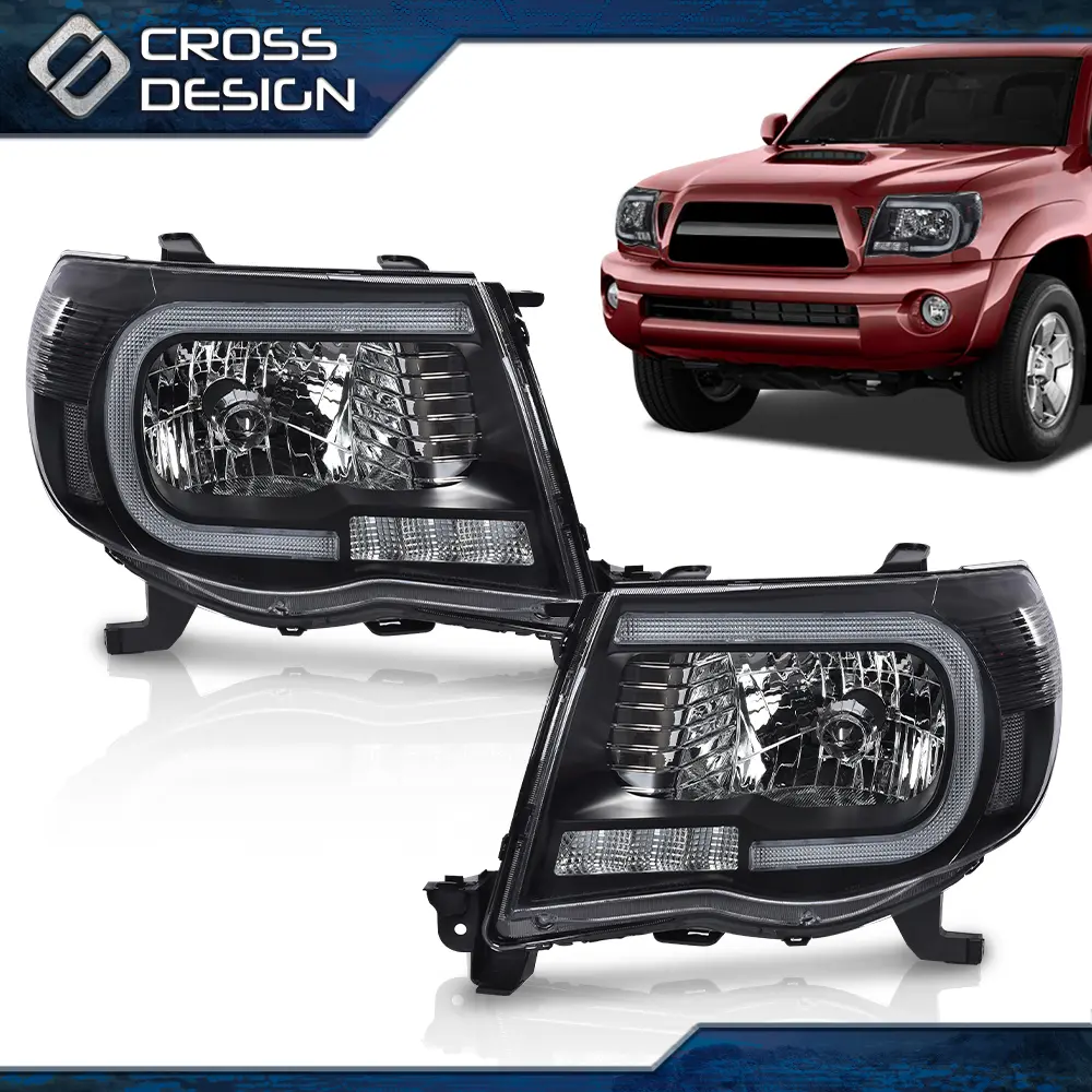 CROSSDESIGN Fit For 05-11 Toyota Tacoma Pair Clear / Black LED Tube DRL Projector Headlights