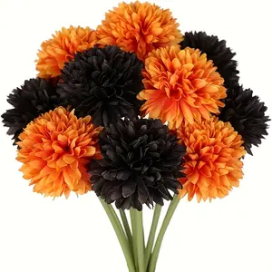 Winter Marigold Ball Artificial Flower - Realistic black and orange fake flower, suitable for indoor and outdoor autumn decoration, perfect for weddings, Thanksgiving, Christmas, Halloween, and Day of the Dead