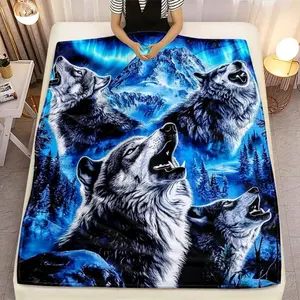 1pc Howling Wolf Bedspread/Bed Blanket - Soft Warm Flannel Bedspread Suitable Sofa, Bed, Camping & Travel - Wolf Pack Design With Lone Wolf Print - All-Season Cozy Bed Covering, 2D Flat