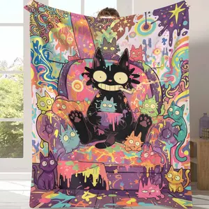 Colorful Psychedelic Cat Flannel Blanket， Vibrant Abstract Art Print with Paint Splash Cartoon Design， Ultra Soft Warm Lightweight Cozy Throw for Sofa Decor， Bedroom Relaxation， Pet Lounge， Gift for Cat Lovers， Home Aesthetic summerwins