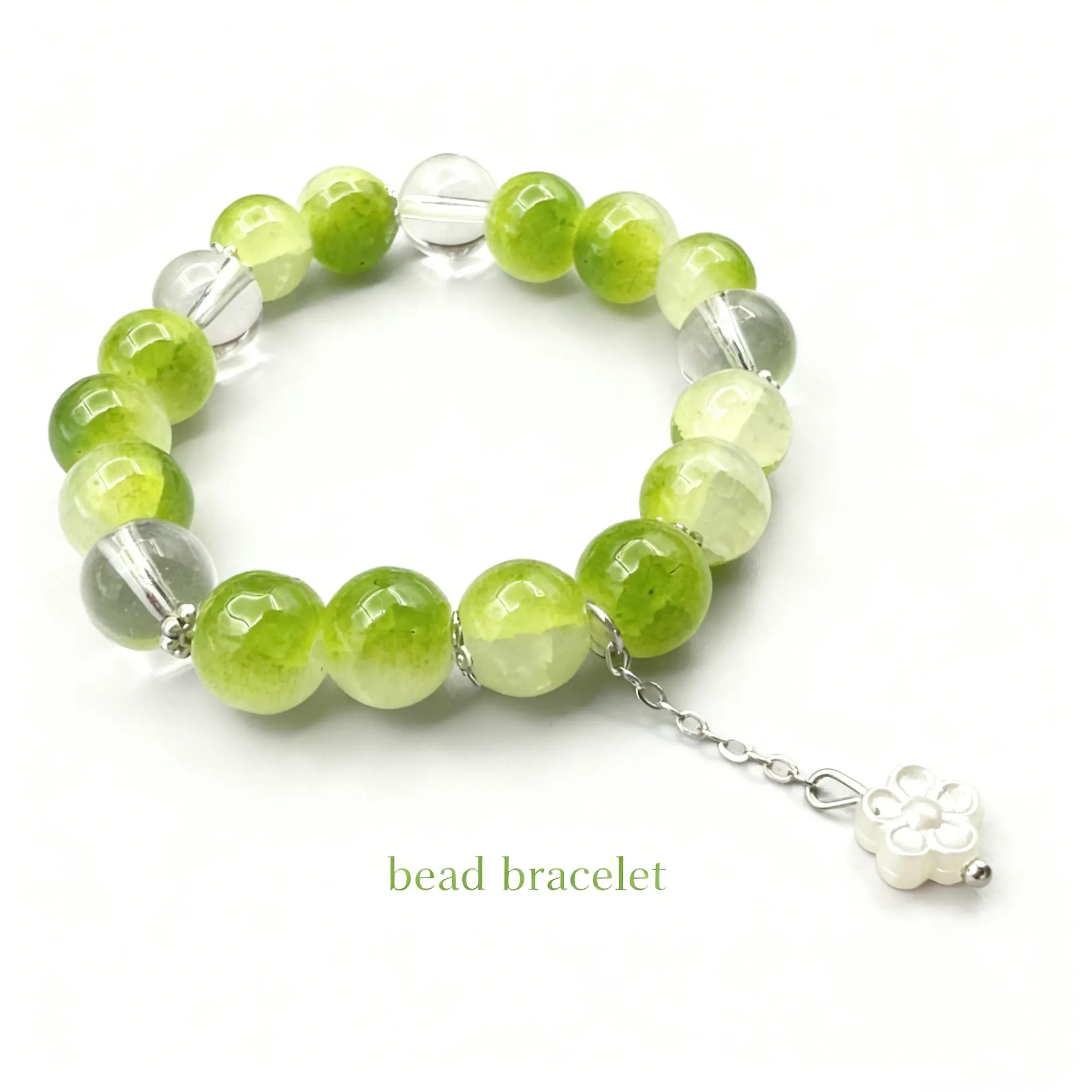 Green Crystal Bead Bracelet with Flower Charm - Lustrous Green Beads & Clear Crystal Accents for Nature-Inspired Elegance