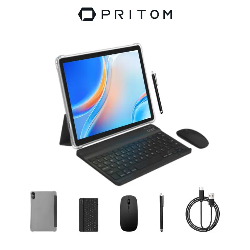 PRITOM Android 15 Tablet (10.1 in HD IPS Display) - 12GB(4+8) RAM, 64GB ROM, Bluetooth Audio, 2MP Dual Cameras, 2-in-1 Detachable Keyboard Set, USB, Screen Protector, Grey+Black, Father's Day & Back-to-School Gift