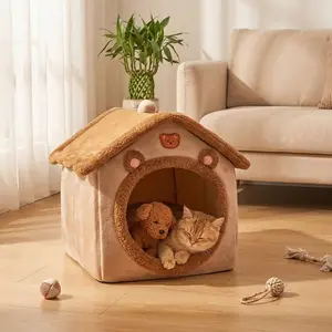 Cat Bed for Indoor Cats, Cozy Cat Cave Bed Cat House Cats Tent with Removable Cushion Pillow, Soft Warm Pet House Puppy Bed, Cute Bear Pet Nest for Kittens and Small Dogs,Foldable Cat House with Cushion