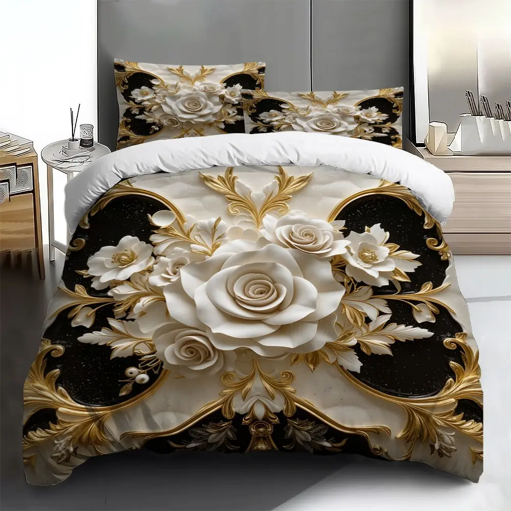 Three-piece bedding set - 2pcs/3pcs 2D Flat gold, white, and black floral embossed pattern duvet cover set (1 duvet cover + 1/2 pillowcases, no insert), multi-color printed bedding set, soft and comfortable, suitable for family bedrooms and guest rooms.