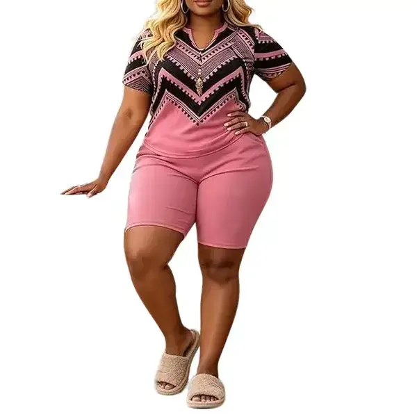 Women's 2-Piece Geometric Color Block Loungewear Set - Loose-Fit V-Neck Short-Sleeve Style Top & Curve-Flattering Bike Shorts for Loungewear, Shortsleeve