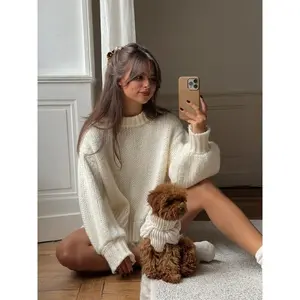 Women's Casual Round Neck Long Sleeve Sweater, Plain Knit Pullover Top for Winter, Fitted Style, Moderate Fabric Thickness Knitwear