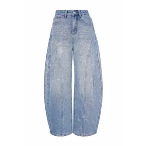 TCH - Denim Blue Jeans Bent Knife Pants Hot Stamping Design Women