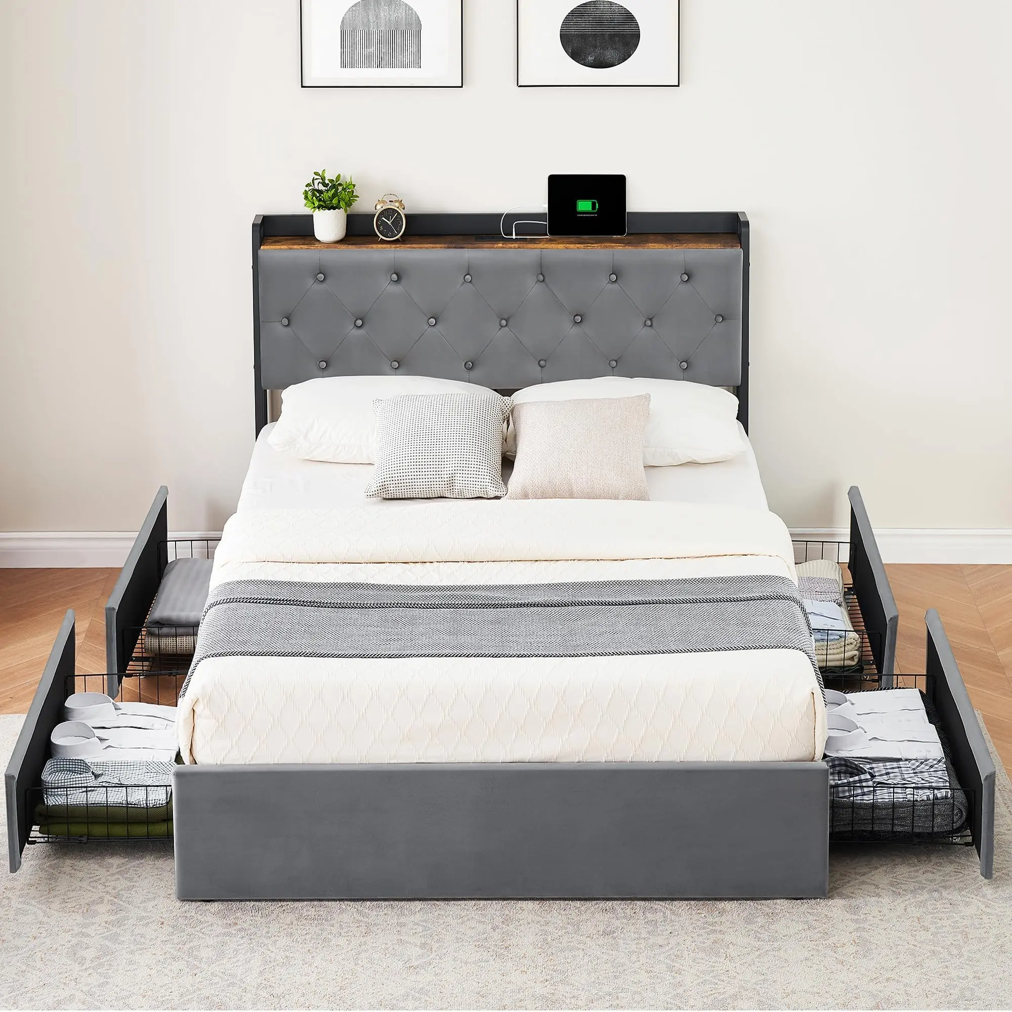 Gaomon Queen Size Upholstered Platform Bed Frame - Diamond Tufted Headboard, 4 Wire Drawers, Built-in Charger, Sturdy Wood Slats, Quick Setup, Mattress Ventilation, Gray