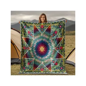 Vibrant Star - Patterned Floral Ethnic Camping Blanket - Colorful Bohemian Quilted Throw
