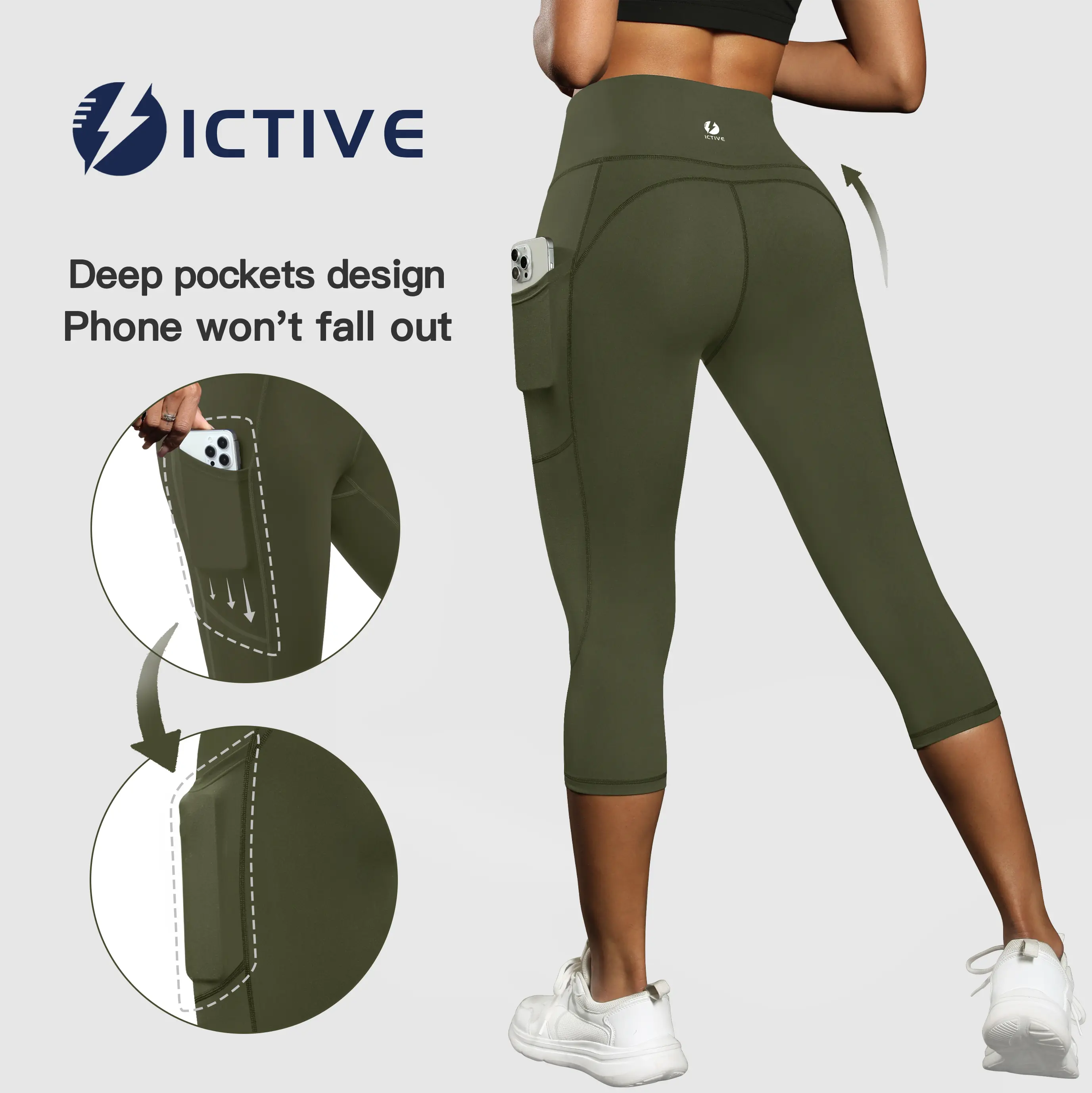 ICTIVE Women's High Waisted Tummy Control Capri Leggings with Pockets, Soft Athleisure Fitness Pants for Yoga & Gym, Gym Clothes