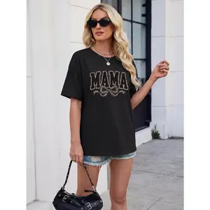 Mama Shirts for Women Oversized Letter Print Short Sleeve Graphic Tees Top Crew Neck Cute Bow Printed Loose Trendy Mom Shirt