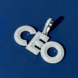 925 Sterling Silver Synthetic Moissanite Letter Pendant Necklace for Women Men Hip Hop Jewelry Gift
