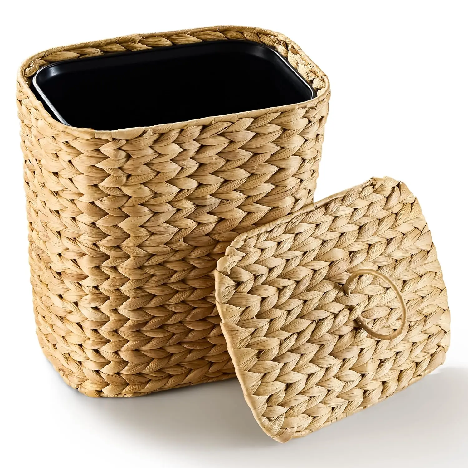 2.6-gallon wicker bathroom trash can with lid, hand-woven rattan waste basket, equipped with a removable plastic inner bin, suitable as a decorative waste basket for the bedroom, office, or kitchen