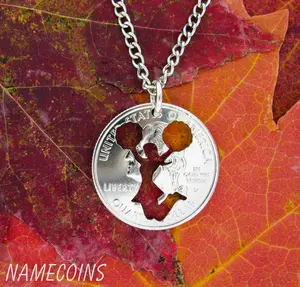 Cheerleading Necklace, Cheer Jewelry, on Quarter, Hand Cut Coin