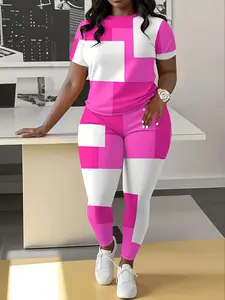 Color Block Patchwork Spring Summer Casual Fitted Round Neck Short Sleeve Pants Two-Piece Set, Matching Lounge Sets, Women's Fashion for Daily Wear, Matching Clothing Set