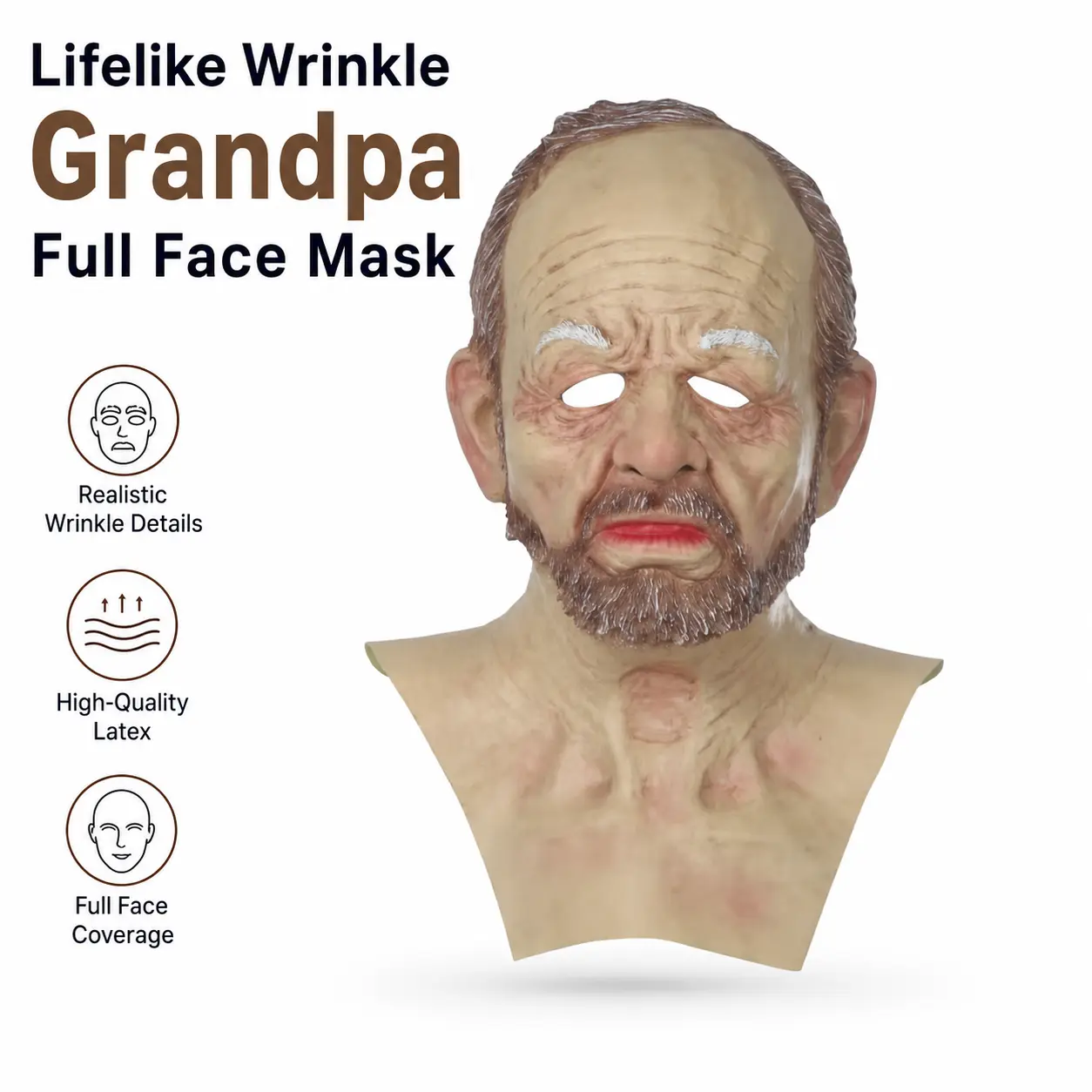 Realistic Old Man Grandpa Latex Mask Full Head Bearded Elder Mask Halloween Cosplay Party Costume Adult Full Face Headgear