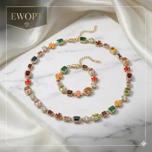Colorful Iced-Out Cross Jewelry Set  Vibrant CZ Multi-Gemstone Necklace & Bracelet, Hip Hop Street Style Set for Her/Him | EWOPT