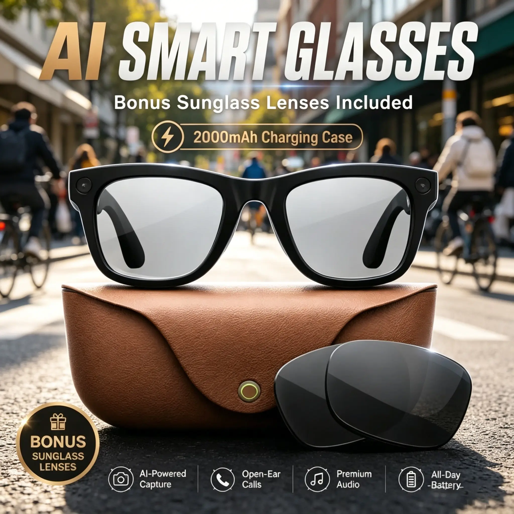 New Mt5 Ultra Ai Smart Glasses, 8mp HD Camera, Voice Recording, Real-Time Translation, Bluetooth-compatible Call, 300mah Battery, 2000mah Charger, Unisex