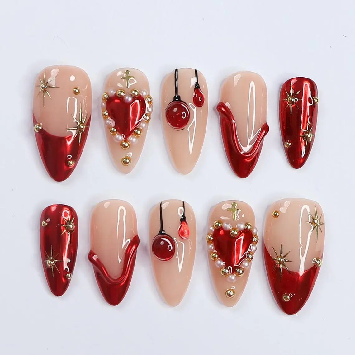 Festive Elegance Dark Red Christmas Press-On Nails with Heart Designs & Golden Gems - Perfect Holiday Accessory or a Gift for Her