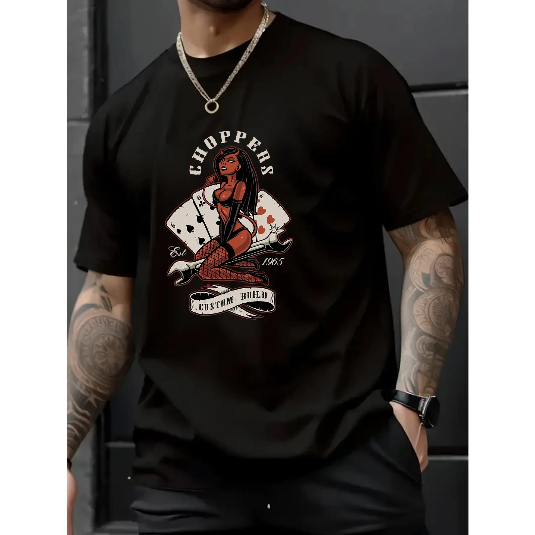 Pure cotton T-shirt with poker girl print, soft and comfortable/sweat absorbing and heat dissipating, suitable for outdoor/indoor wear, suitable for spring, summer, and autumn,