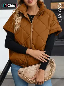 Women's Solid Color Quilted Zip Up Vest Jacket, Casual Pocket Stand Collar Outerwear for Fall & Winter, Ladies Clothes for Daily Wear
