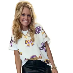 LSU Sequin Women's Top with Purple and Gold Bow Design and Football Motif