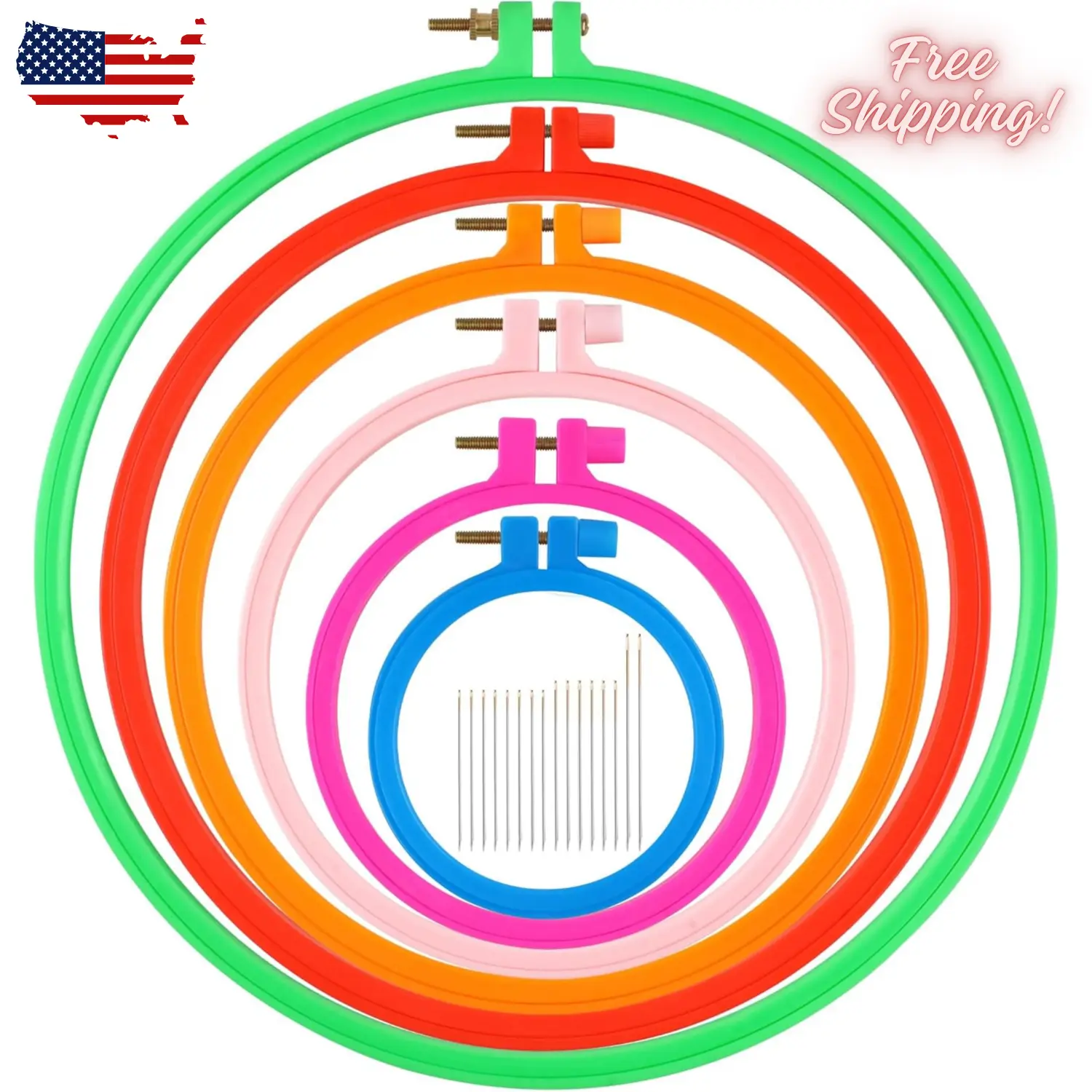 6 Pcs Embroidery Hoop 6 Size, Round Plastic Cross Stitch Hoop with 16 Needles (3.6In to 10.7 in)(Multicolor)