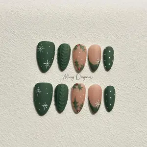 Christmas green sweater press on Nail, cherry tree and snowflake French tip nails, glue on nail, Holiday Fake Nails, Gifts for Her, MO298