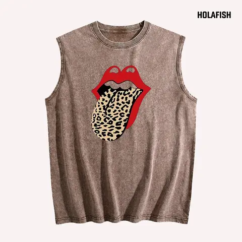 Holafish Upgraded Print Tank Oversize Tops Acid Washed Tank Top Hip-length, Graphic Casual Crop Tank, Heavyweight Cotton Vest, Unisex 100% Cotton Sleeveless Top Summer Outfits
