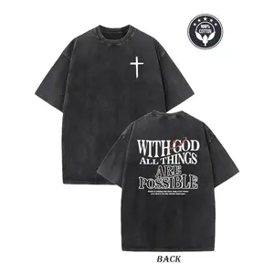 Men's Heavyweight 230gsm Cotton Vintage Washed T-Shirt - Dual-Sided "with God All Things Possible"Cross Print, Loose Fit Hip Hop Streetwear, Round Neck Short Sleeve Casual Tee for Casual Attire, Ribbed Neckline Shirt Crewneck Knit Fabric Tshirt