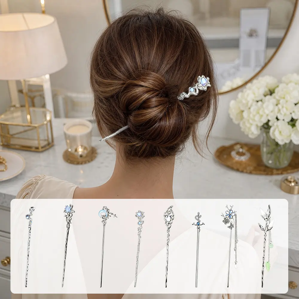 8Pcs Vintage Silver Tone Hair Sticks Set, Rhinestone Hair Sticks with Tassel, Nordic Tribal Spiral Floral Hairpins, Decorative Hair Jewelry for Festival Photoshoot Daily Styling Wedding Banquet Daily Hairstyling