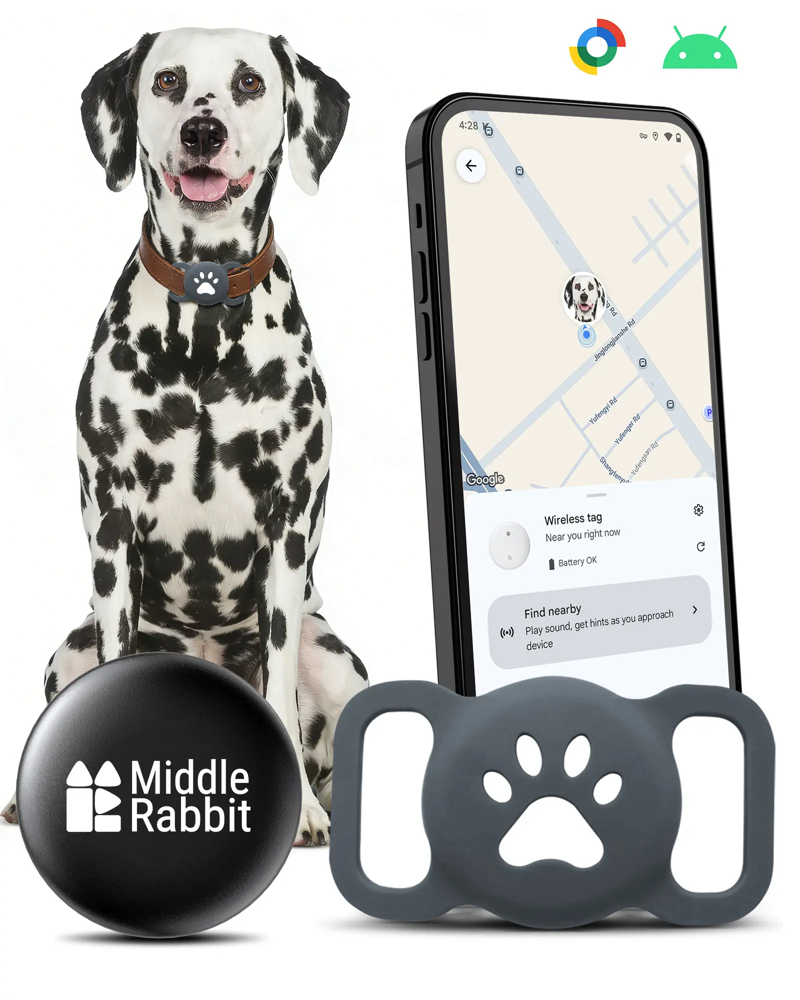 Dog GPS Tracker for Android, No Subscription Pet Tracker Tag for Dogs with Silicone Holder, Fits Existing Dog Collar, Lightweight Dog Tracker Tag for Pets
