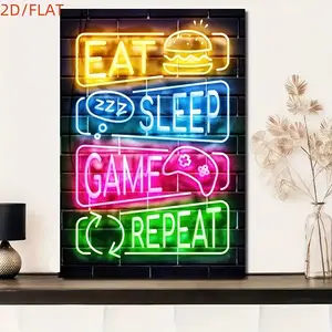 2D Flat - 1 "Gamer Life" Game Controller Neon Canvas Print Poster Wall Painting, Modern Wall Art Decoration Painting Mural, Suitable for E-sports Room, Game Room, Internet Cafe, Bathroom, Bedroom, Home Office, Living Room, Home Decoration