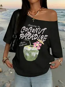 Y2K Aesthetic Oversized Off Shoulder Graphic T-Shirt for Women, Summer Beach Coconut Paradise Malibu California Print, Casual Vacation Retro 90s Drop Shoulder Tee, Trendy 2026 Streetwear, Comfy Cotton Daily Wear, Boho Beachy, Perfect for Holiday, Travel,
