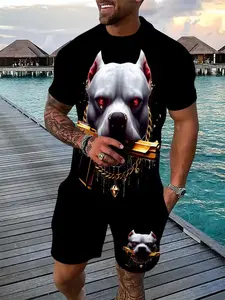 Men's Summer Fashion Set, Digital Pattern Print Short Sleeve Round Neck T-Shirt and Drawstring Pocket Shorts, Casual Fitted Outfit, Summer Clothing Set, Menswear