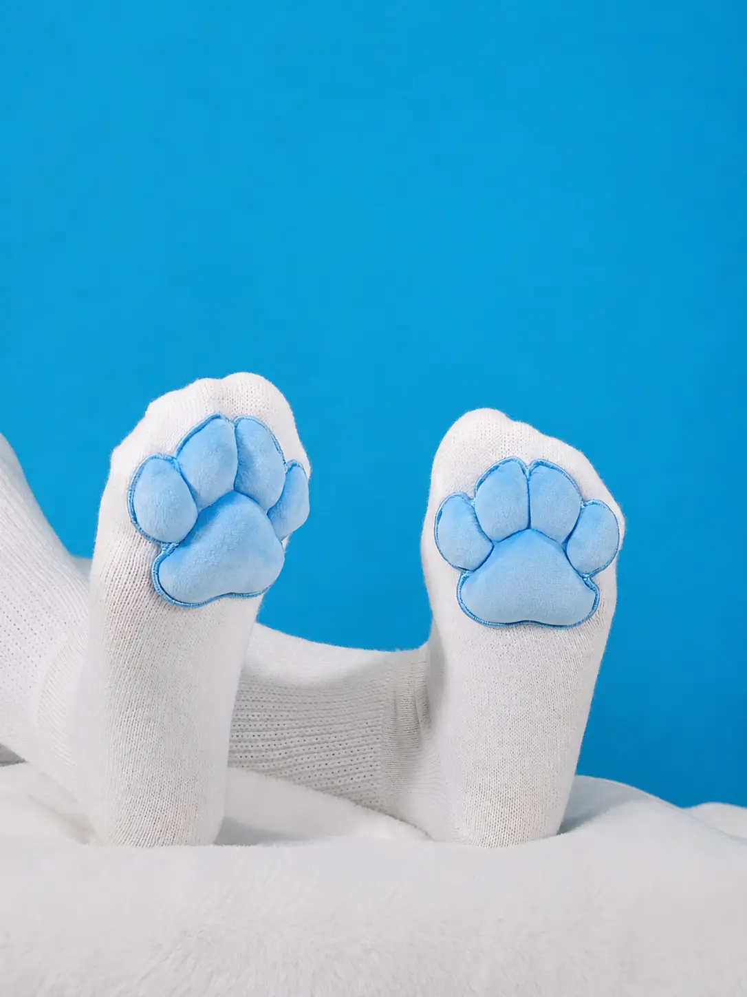 Plush Blue Mochi Cat Paw Pad Style Bean on White Thigh High Stockings
