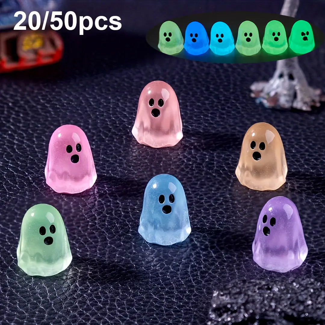 Random Cute Luminous Glow In The Dark Ghost Beads DIY Decoration Accessories, Mini Micro Landscape Halloween Ornaments, Resin Ornament Set, Home Decor Accessory, Decorative Ornaments, 20/50 Pieces Set, Decorations And Ornaments