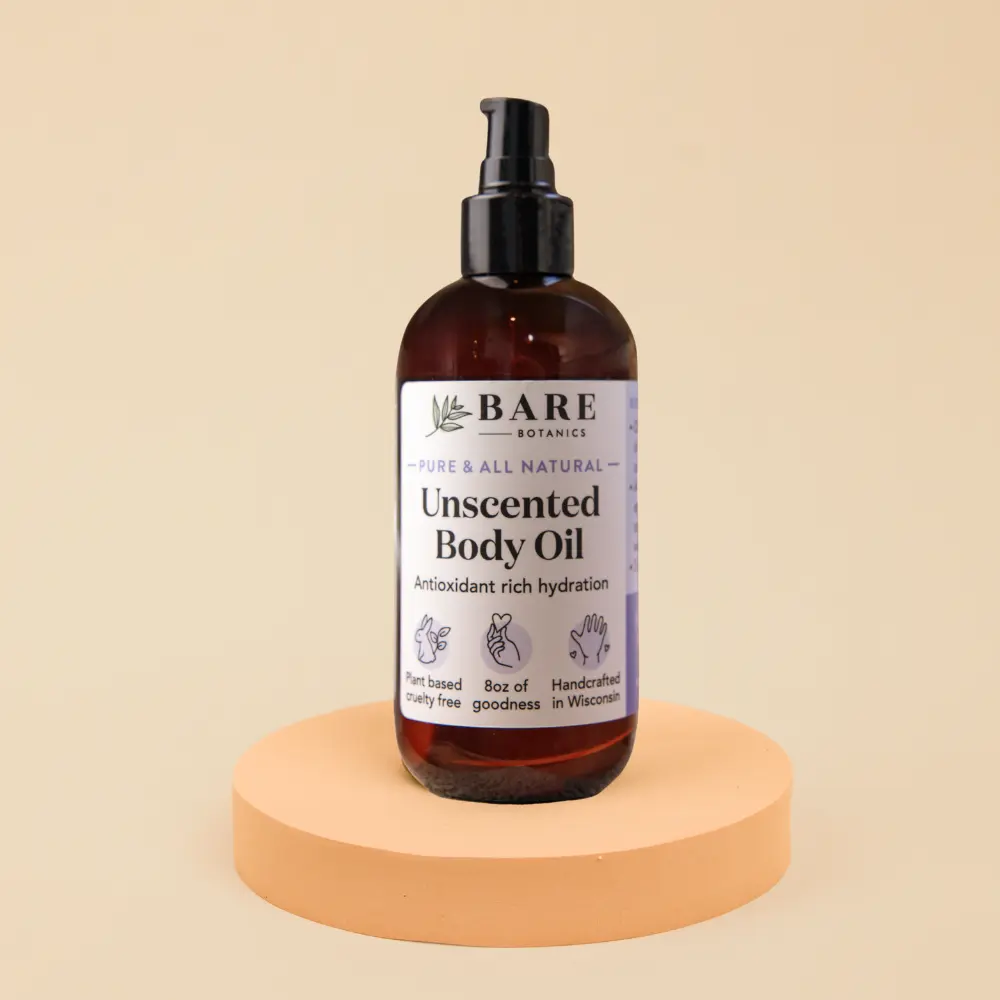 Bare Botanics All Natural Unscented Moisturizing Body Oil 8 oz, Expertly-Formulated All Natural Oil for Skin, Hair & Nail, Deep Hydration & Nourishing Care, Vegan & Cruelty-Free