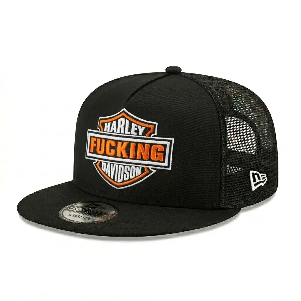 Vintage Motorcycle Racing Logo and Shield Patch Variants Embroidered Trucker Hat, Black Mesh Flat Brim Snapback Cap, Adjustable Biker Streetwear Riding Hat for Men Women, Classic Moto Style Gift for Riders, Collectors and Outdoor Adventure Fans